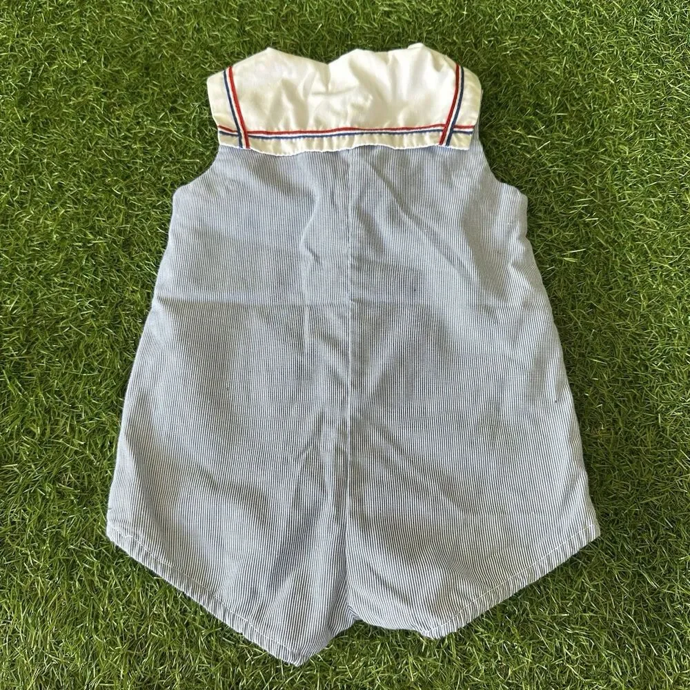Vtg‎ 80s Sailor Romper Outfit Infant Size 6-9 Months Blue White Stripe Bear Boat